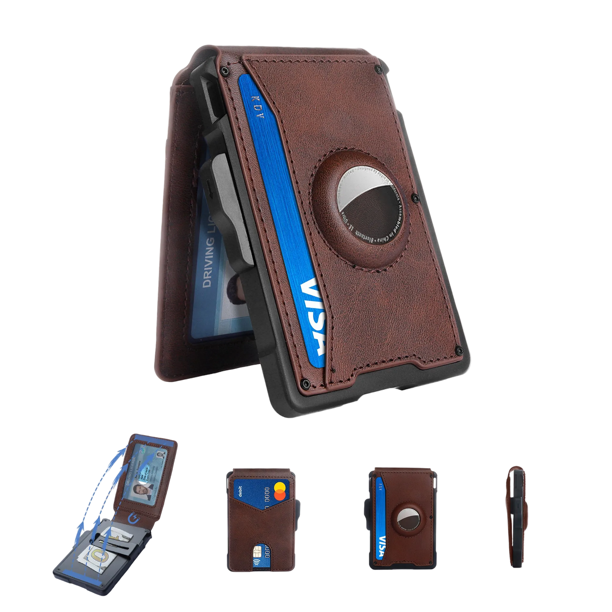 Brown leather cardholder wallet case with a circular magnetic stand, shown open and closed, with small inset views of card slots and side profile on a white background.