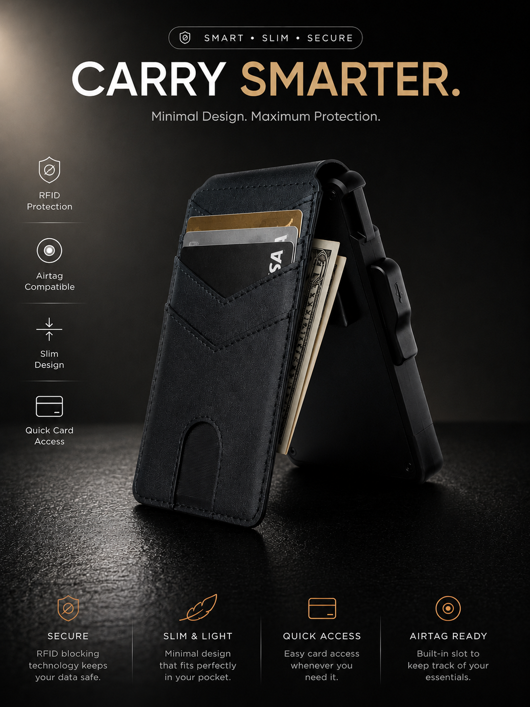 Black Color. Men's minimalist RFID blocking Wallet.