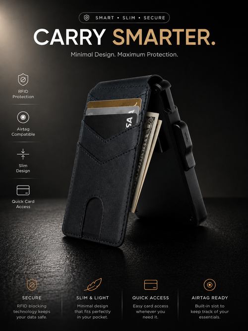 Black Color. Men's minimalist RFID blocking Wallet.