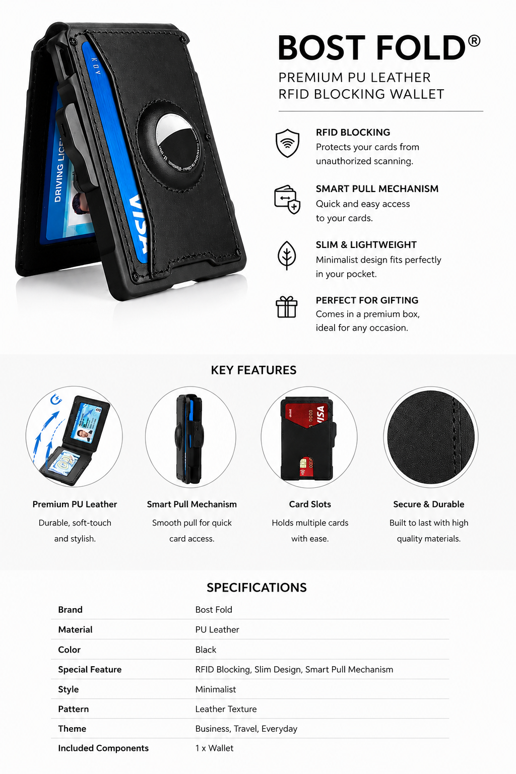 Black Color. Men's minimalist RFID blocking Wallet.